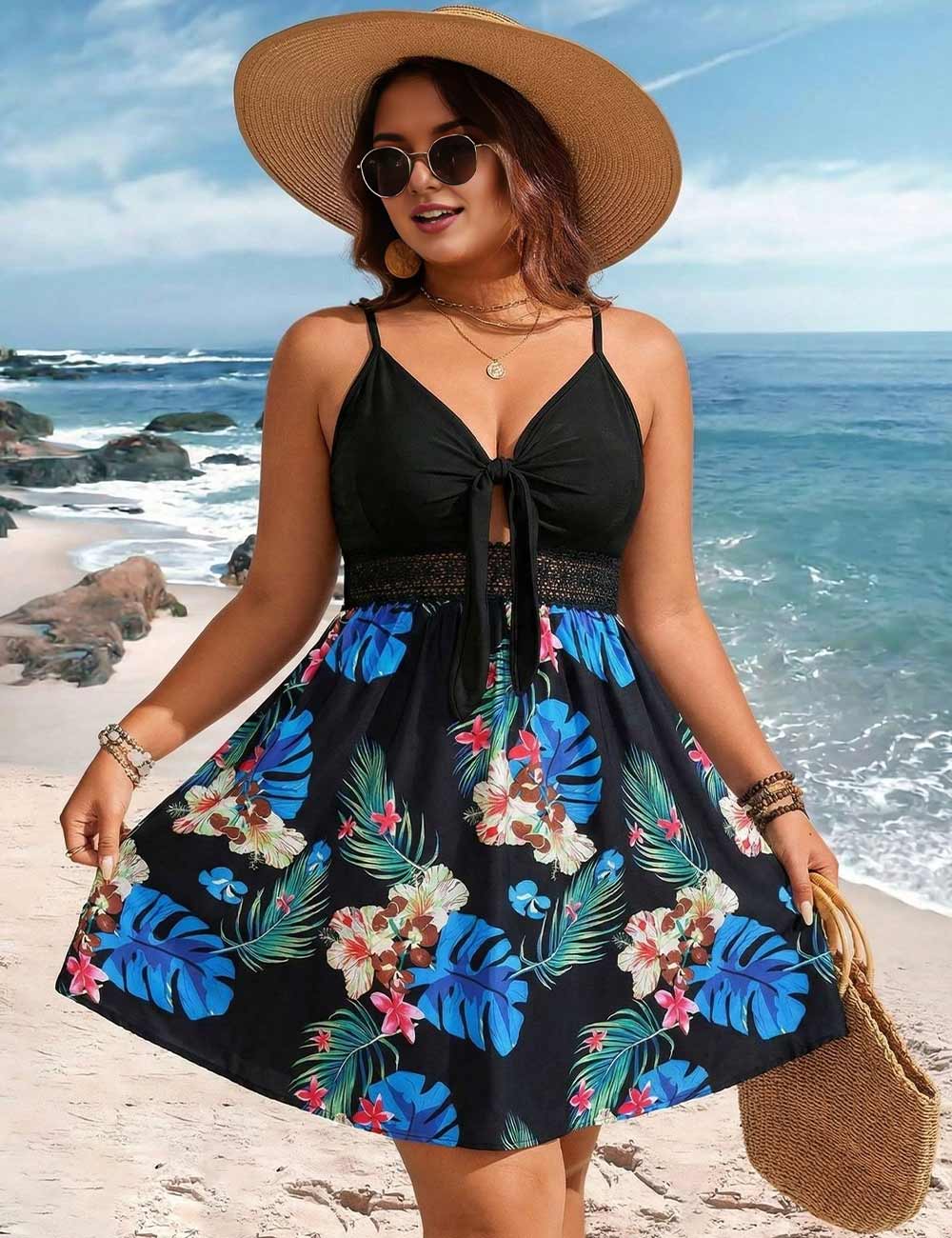 Women Plus Size Tropical Leaf Print Spaghetti Strap Short Black Dress