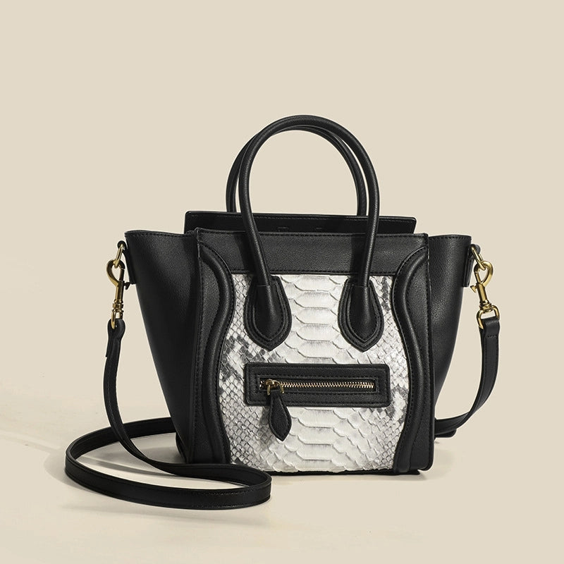 Black and White Smiling Face Leather Python Printed Tote Handbags | PRUSES