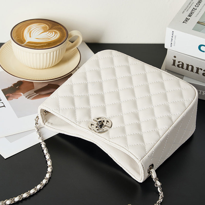 white Genuine Leather Quilted Chain Bag