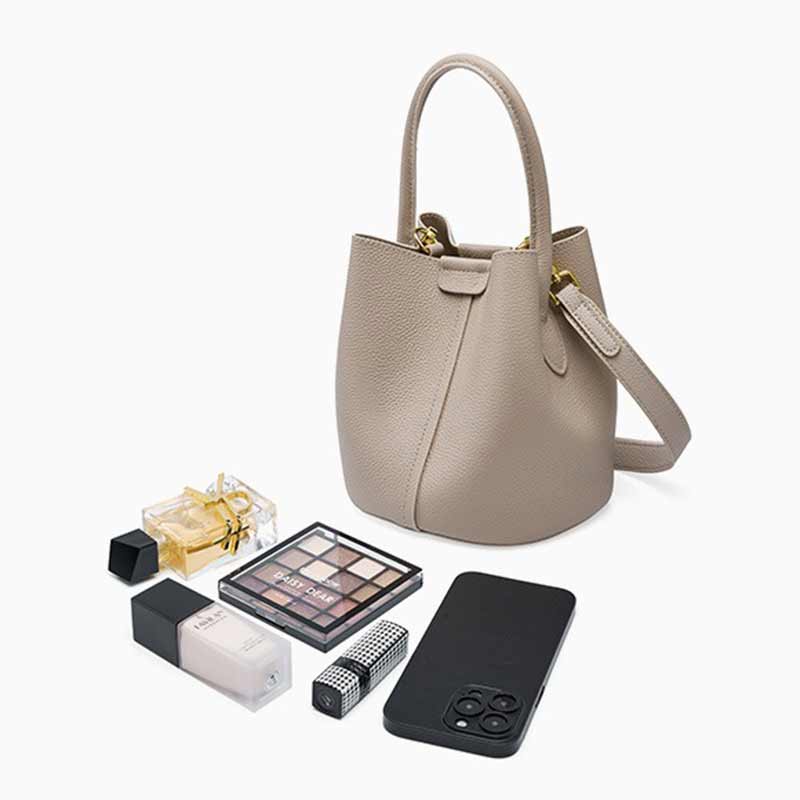 Women's Gray Genuine Leather Bucket Tote Bag
