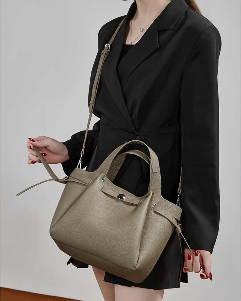 Women's Gray Genuine Leather Minimalist Structured Crossbody Tote Bag
