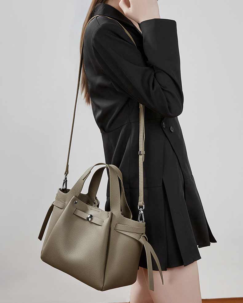 Women's Gray Genuine Leather Minimalist Structured Shoulder Bag