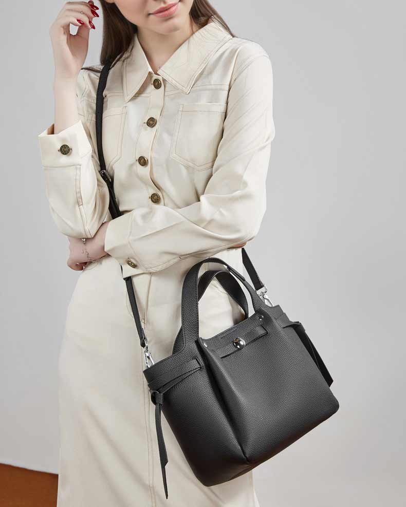 Women's Black Genuine Leather Minimalist Structured Shoulder Bag