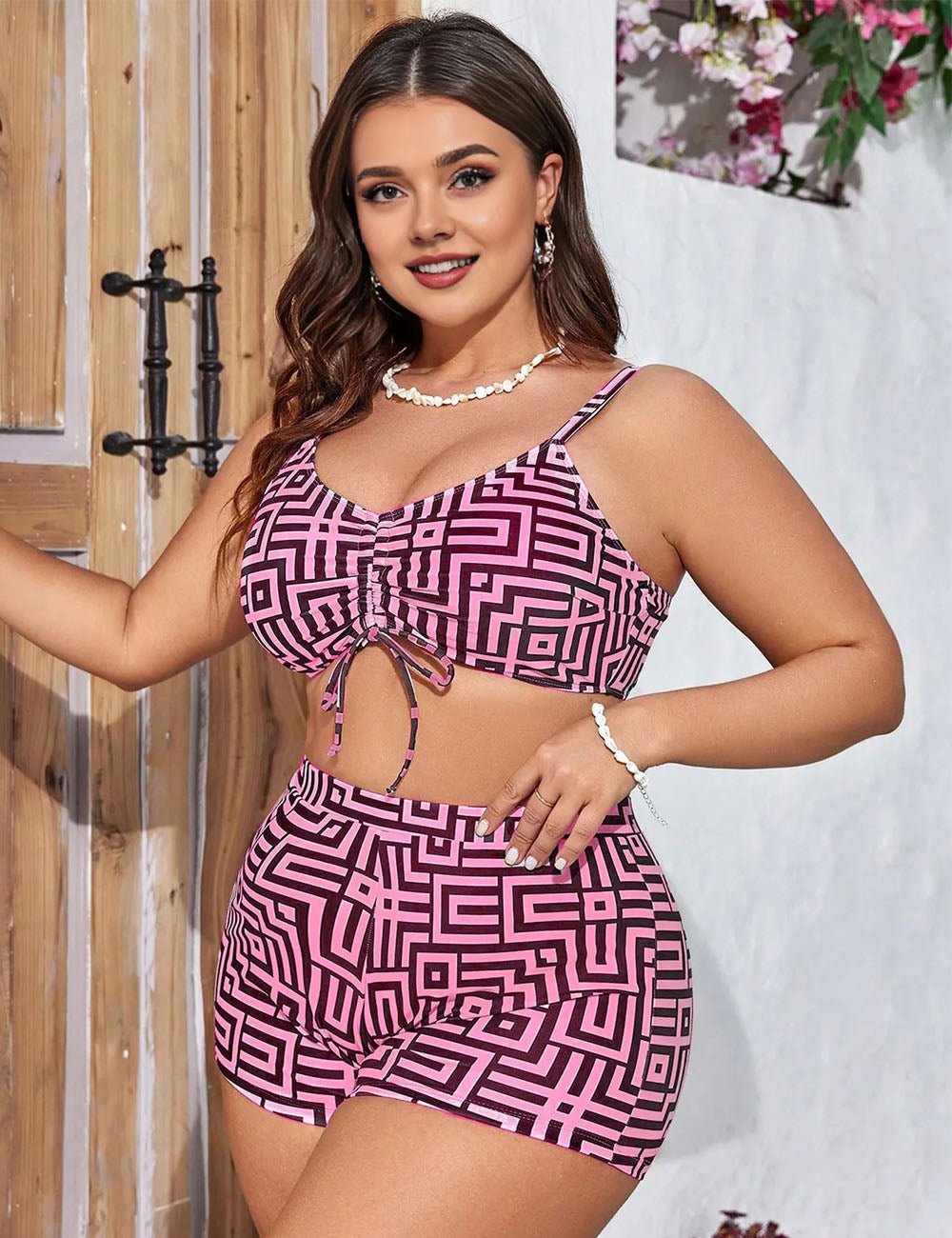 Women Plus Size 3 - Piece Printed Long Sleeve Cardigan Bikini Set - PRUSES