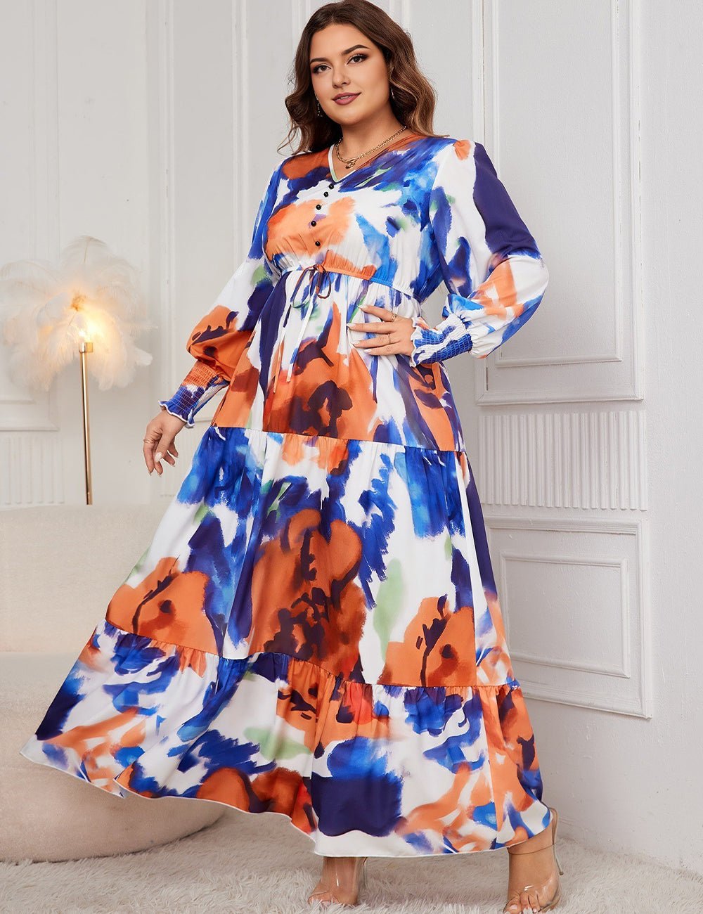 Women Plus Size Abstract Floral Print V - Neck Maxi Dress - PRUSES
