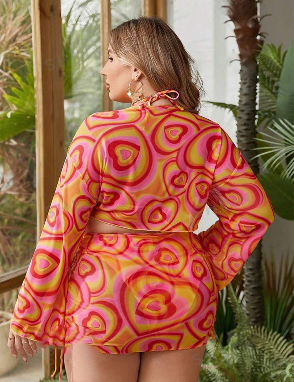 Women Plus Size Allover Heart Print Halter Bikini With Cover Up Set - PRUSES