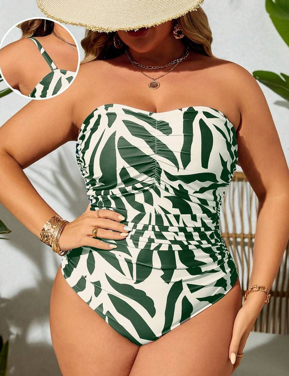 Women Plus Size Allover Print Ruched Bandeau Swimsuit - PRUSES
