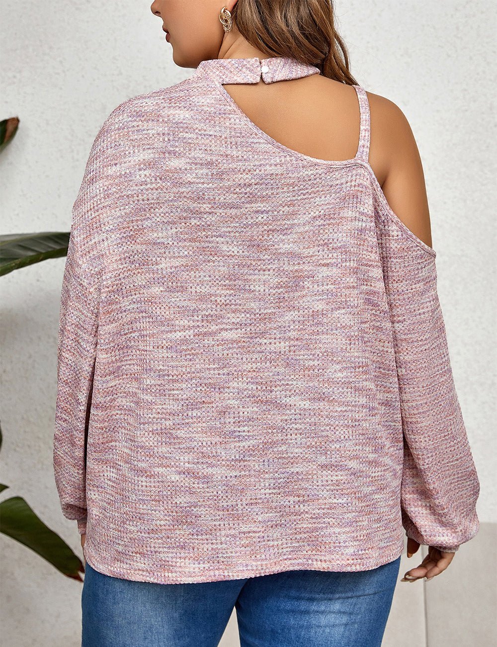 Women Plus Size Asymmetrical Neck Chain Detail Long Sleeve Top - PRUSES