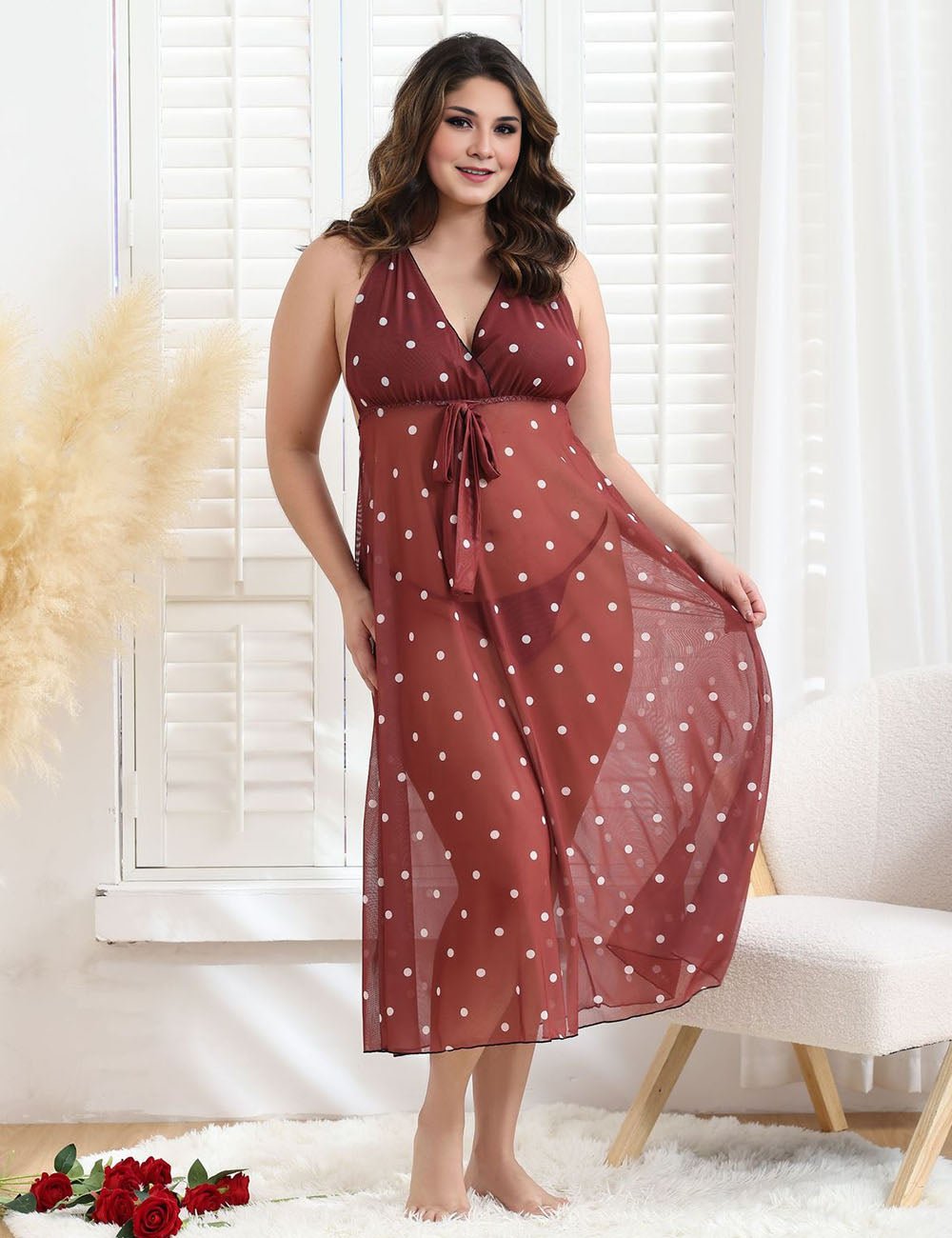 Women Plus Size Backless Polka Dot Mesh See - through Babydoll - PRUSES