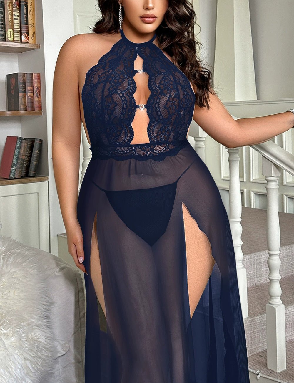 Women Plus Size Black Contrast Lace Mesh Halter Chemise - PRUSES