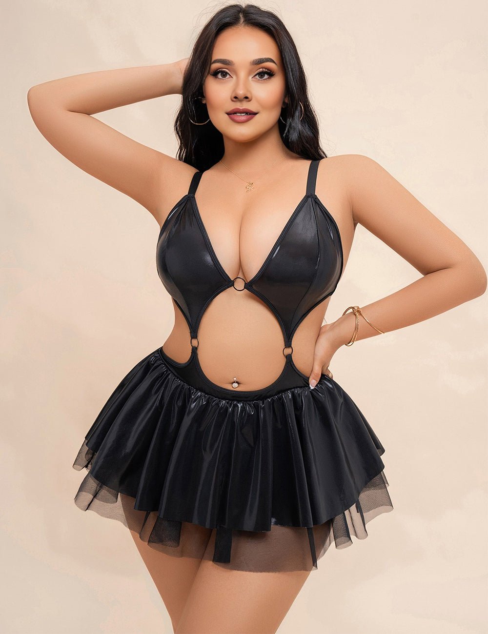 Women Plus Size Black Cut - Out Faux Leather Babydoll - PRUSES