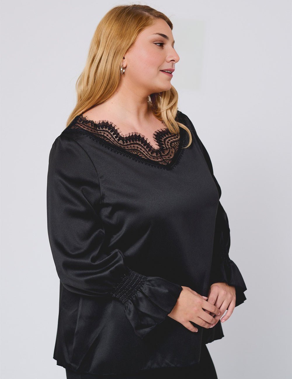 Women Plus Size Black Elegant Satin Lace V - Neck Blouse - PRUSES