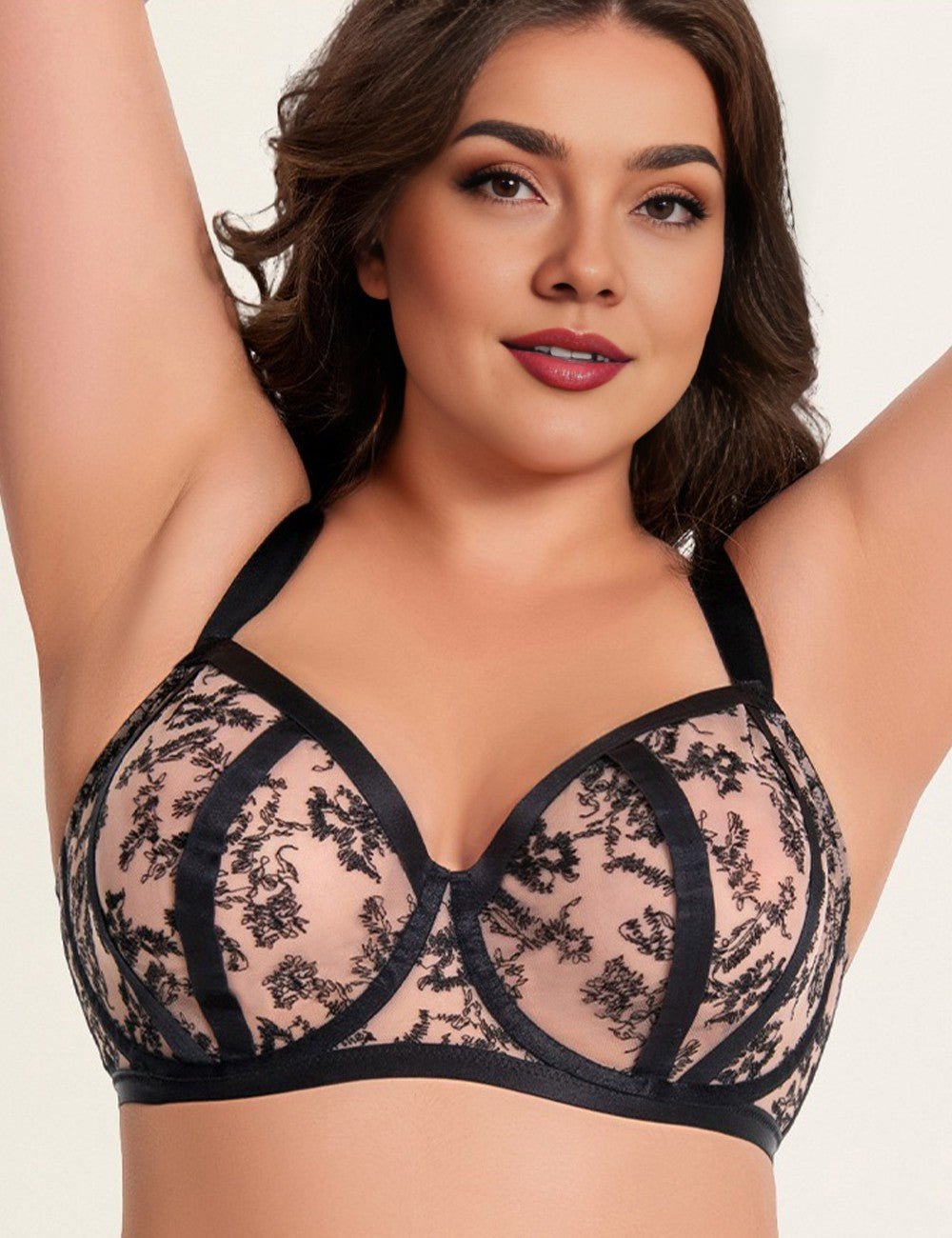 Women Plus Size Black Floral Embroidered Sheer Bra - PRUSES