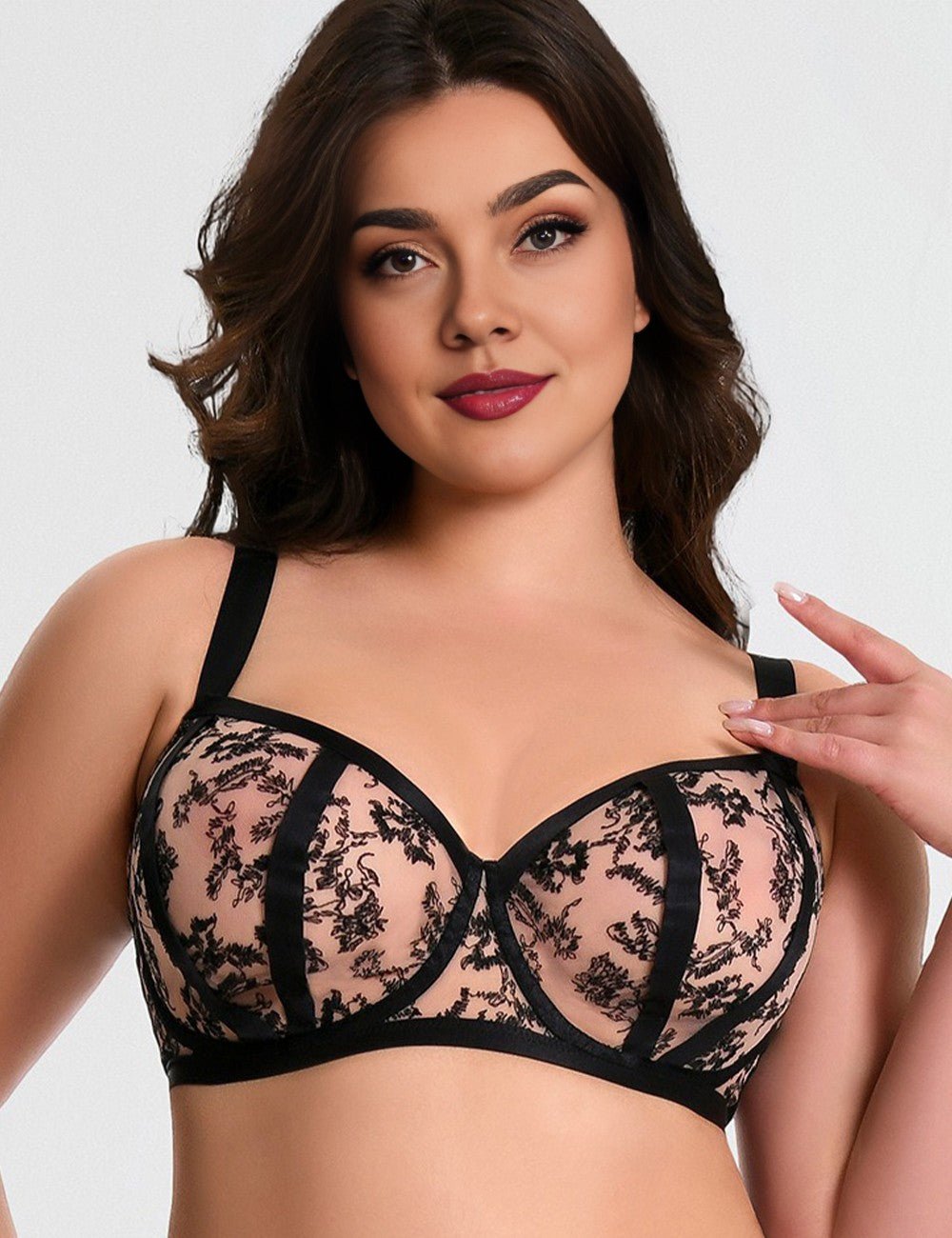 Women Plus Size Black Floral Embroidered Sheer Bra - PRUSES