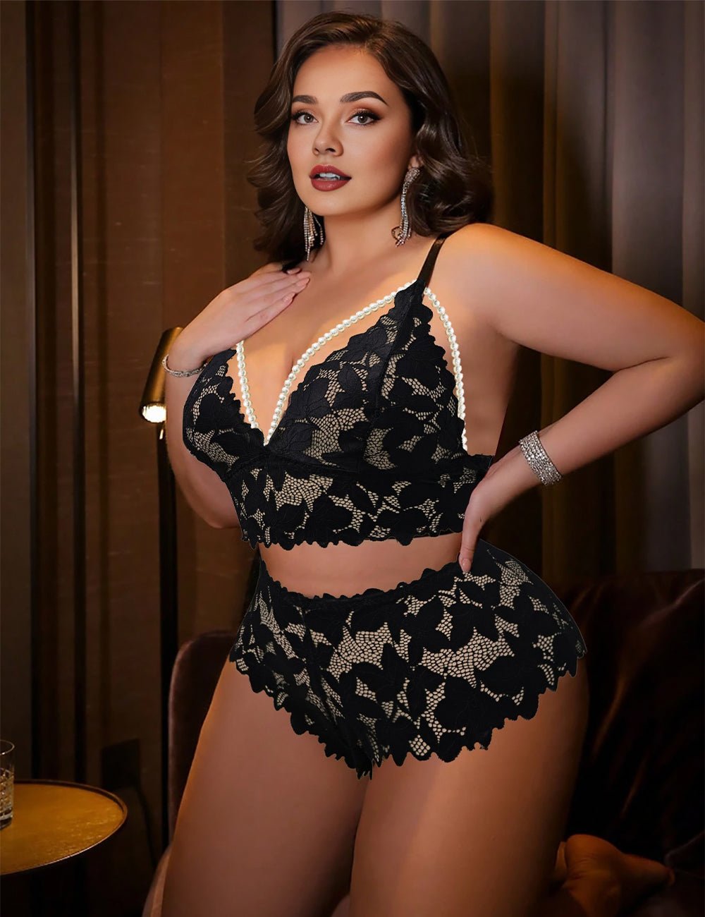 Women Plus Size Black Floral Lace Hollow Out Bra and Panty Set - PRUSES