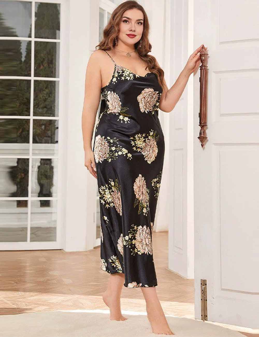 Women Plus Size Luxury Black Floral Satin Slip Nightgown