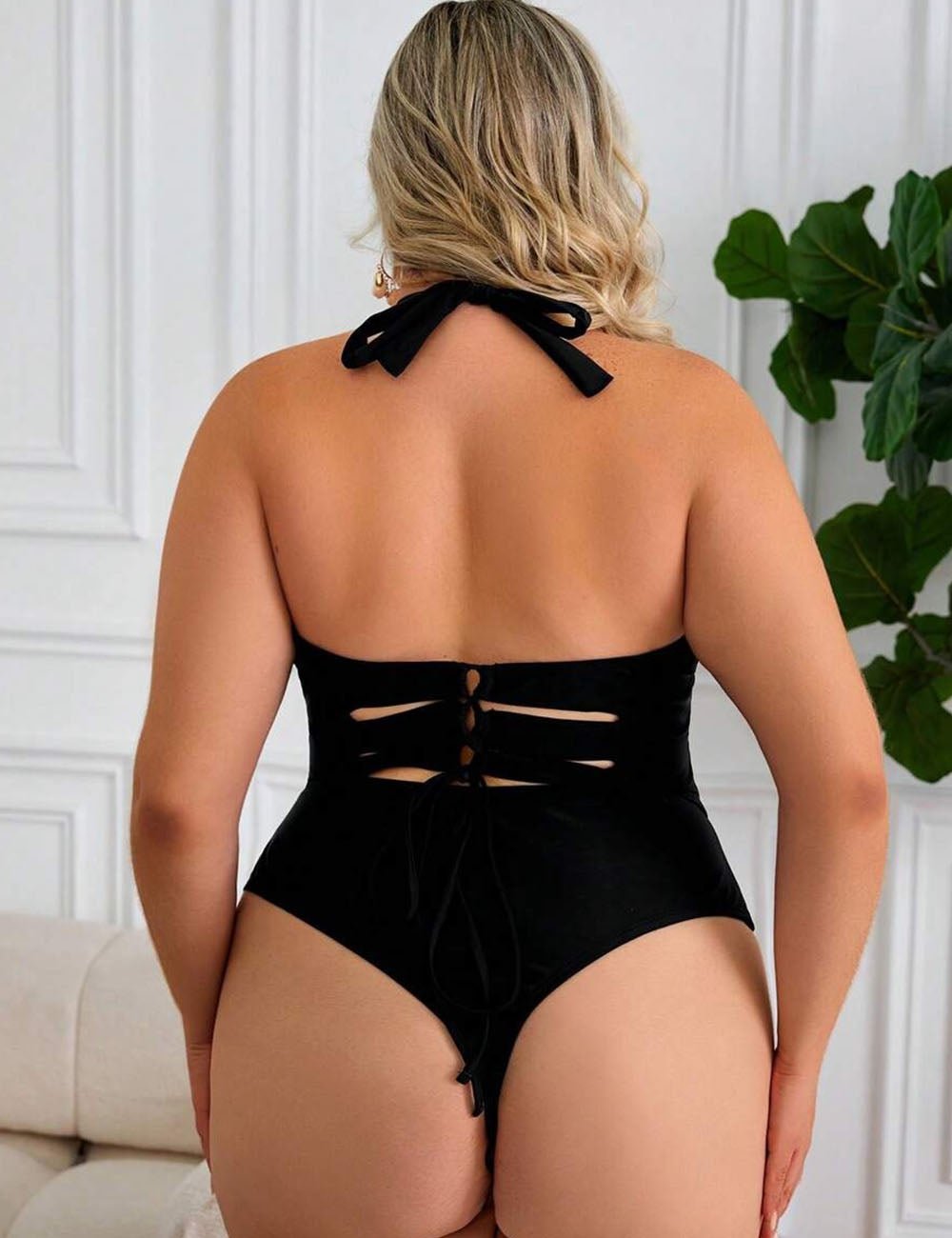 Women Plus Size Black Halter Tie One - Piece Swimsuit - PRUSES
