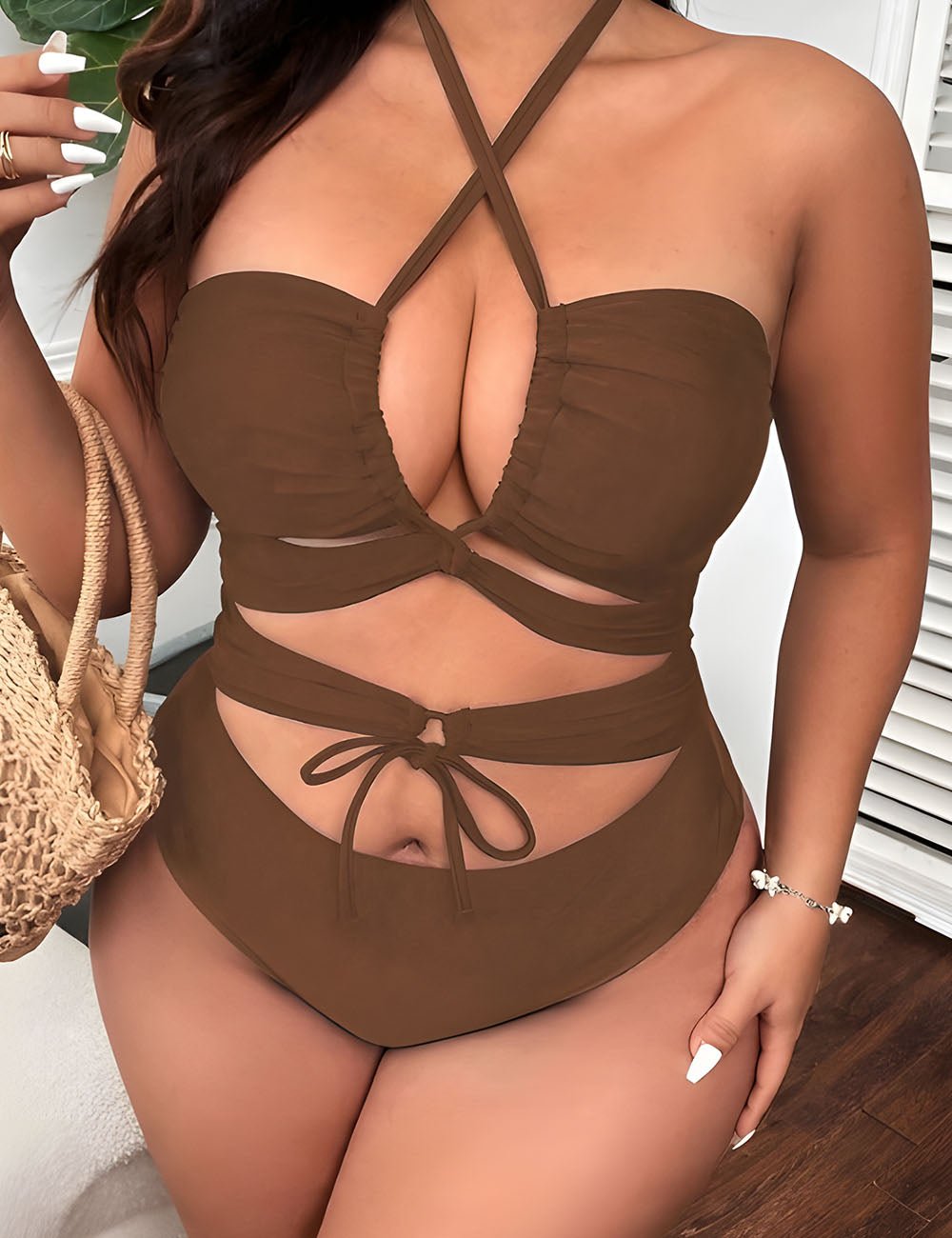 Women Plus Size Black Halter Tie One - Piece Swimsuit - PRUSES