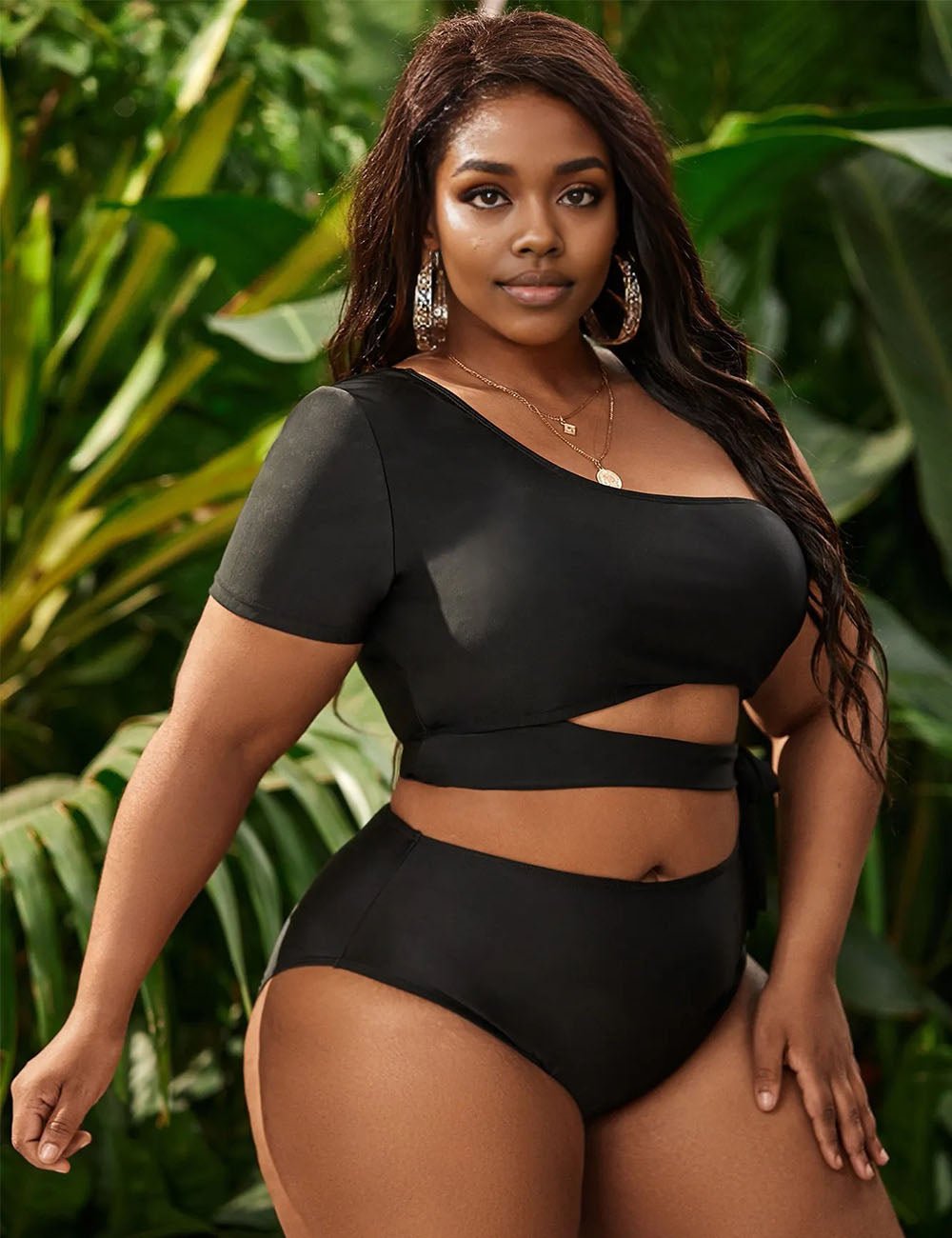 Women Plus Size Black High Waisted Tie High Cut One Shoulder Swimsuit - PRUSES