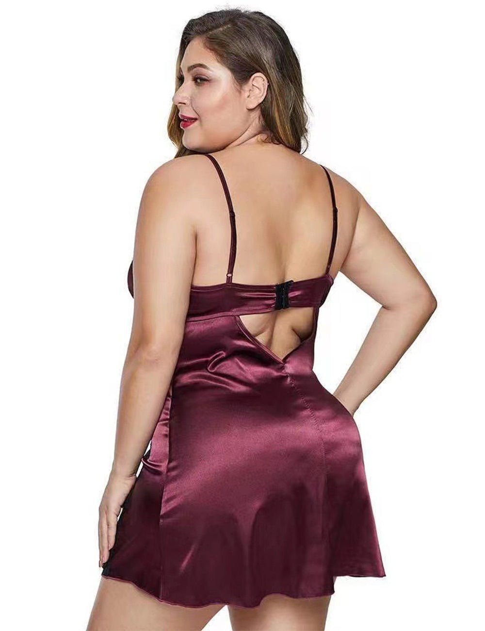 Women Plus Size Black Lace Panel Satin Babydoll - PRUSES