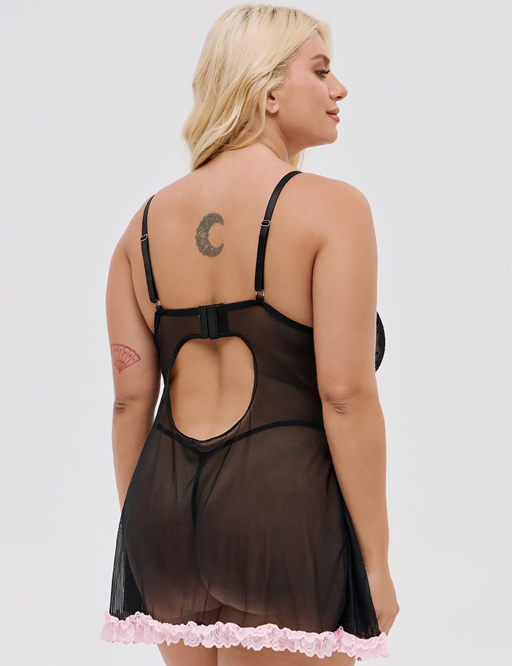 Women Plus Size Black Lace Ruffled Babydoll - PRUSES