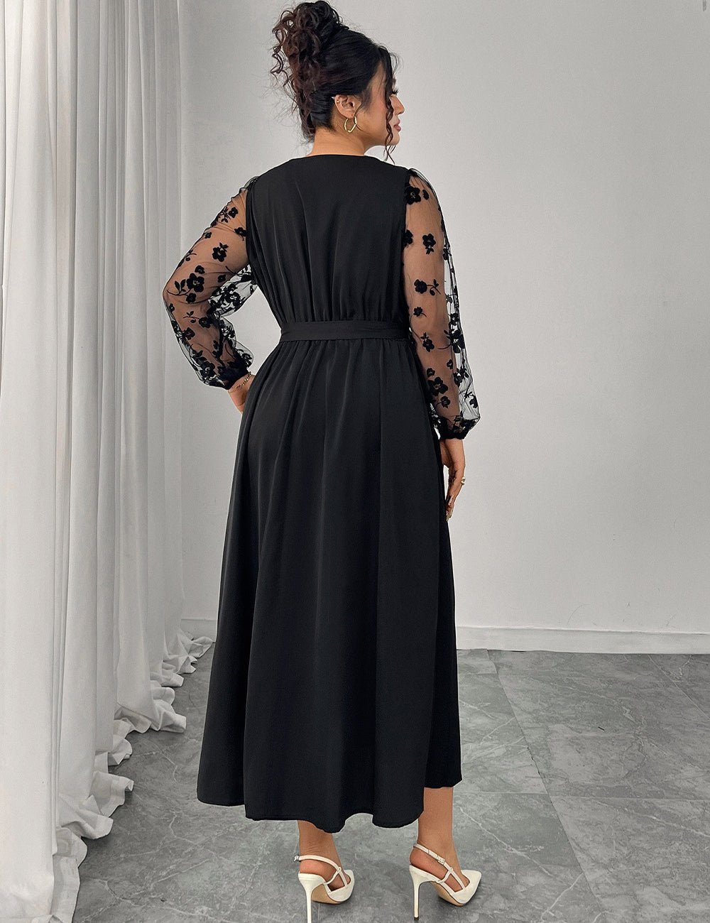 Women Plus Size Black Lace Stitching Long Sleeve A - Line Dress - PRUSES
