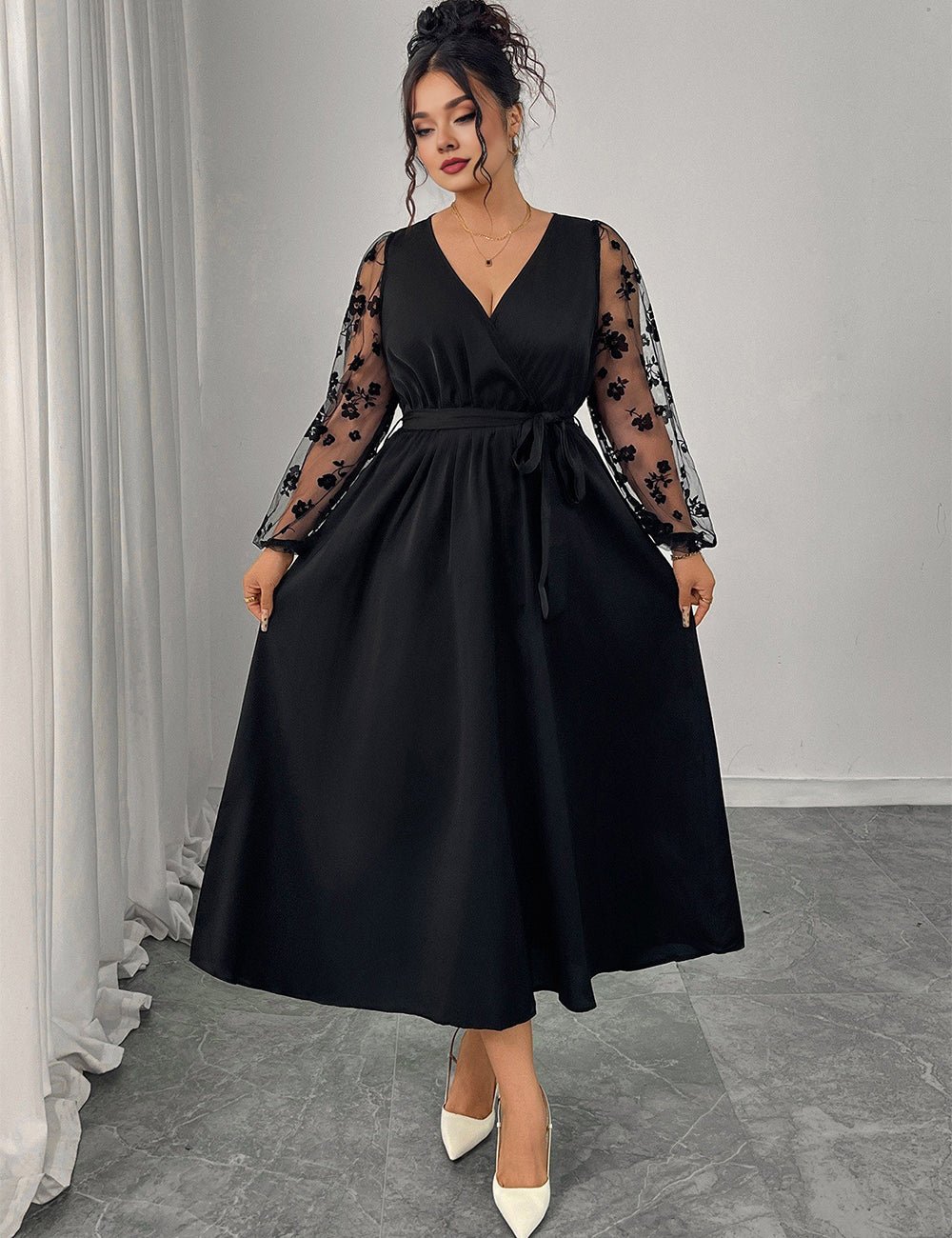 Women Plus Size Black Lace Stitching Long Sleeve A - Line Dress - PRUSES