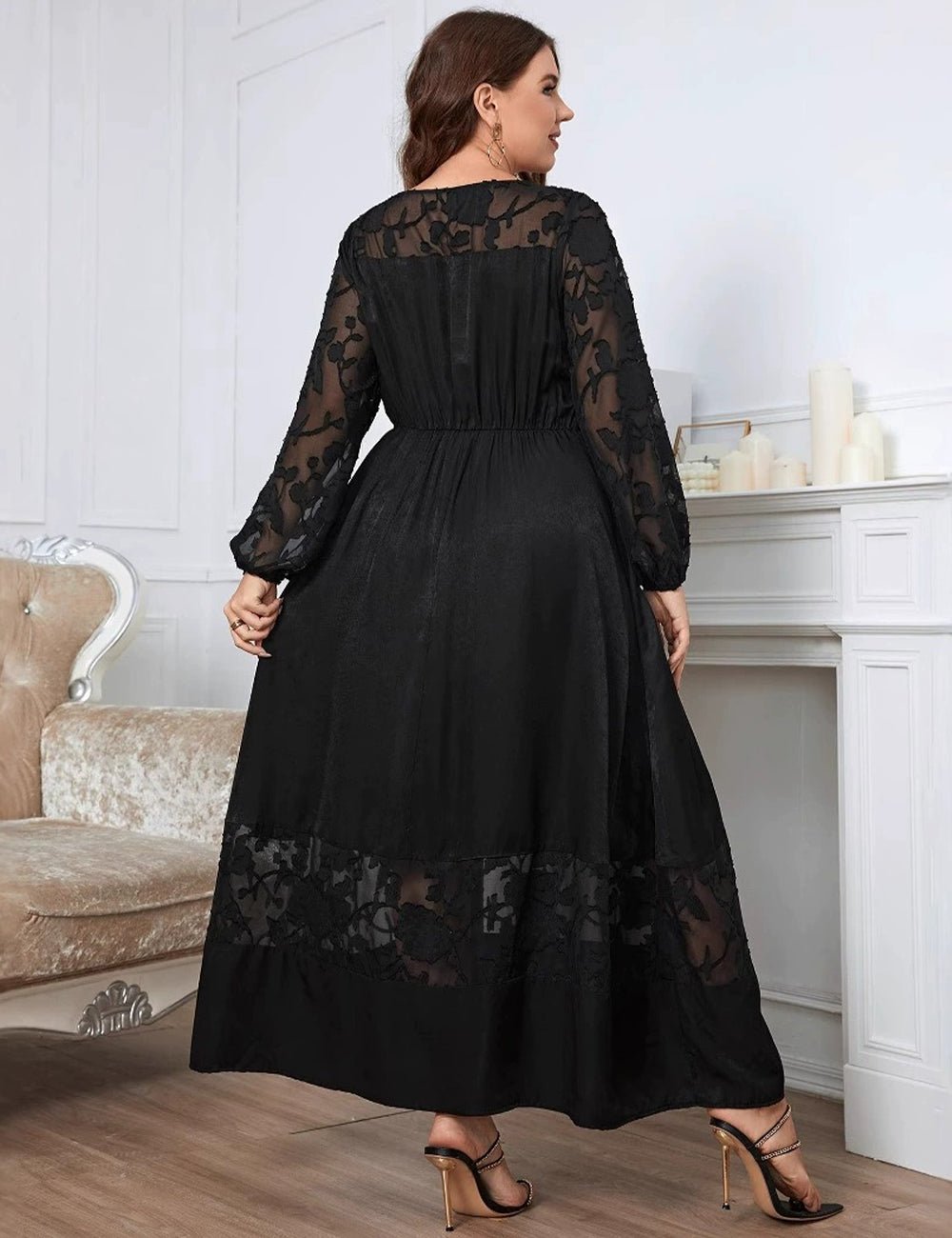 Women Plus Size Black Long Sleeves Round Neck Maxi Dress - PRUSES
