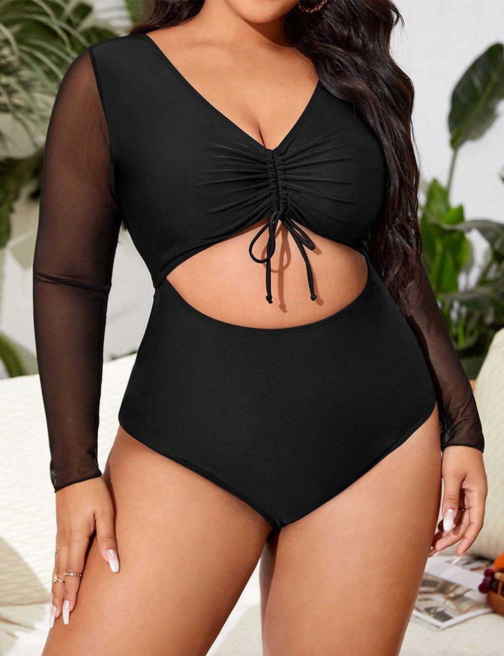 Women Plus Size Black Mesh Sleeve Cut Out One - Piece Swimsuit - PRUSES