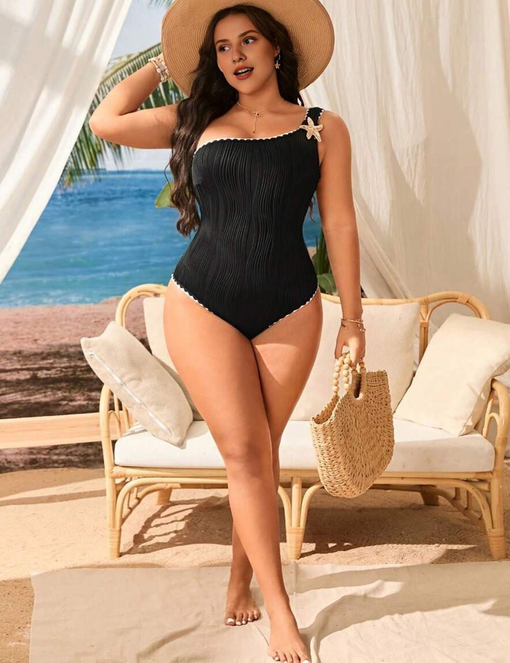 Women Plus Size Black One Shoulder One - Piece Swimsuit - PRUSES