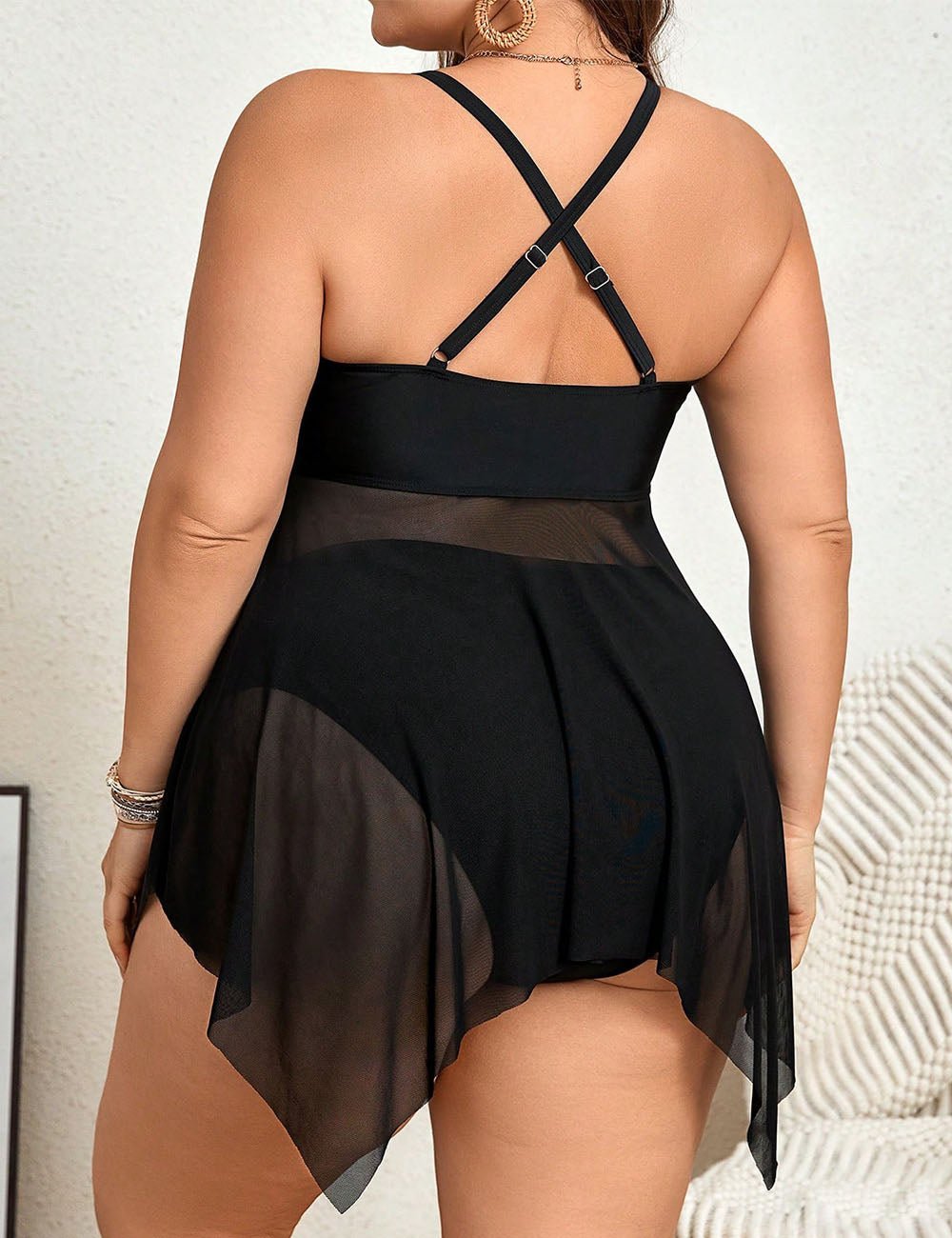 Women Plus Size Black Two Piece Skirt Mesh Swimsuit | PRUSES - PRUSES