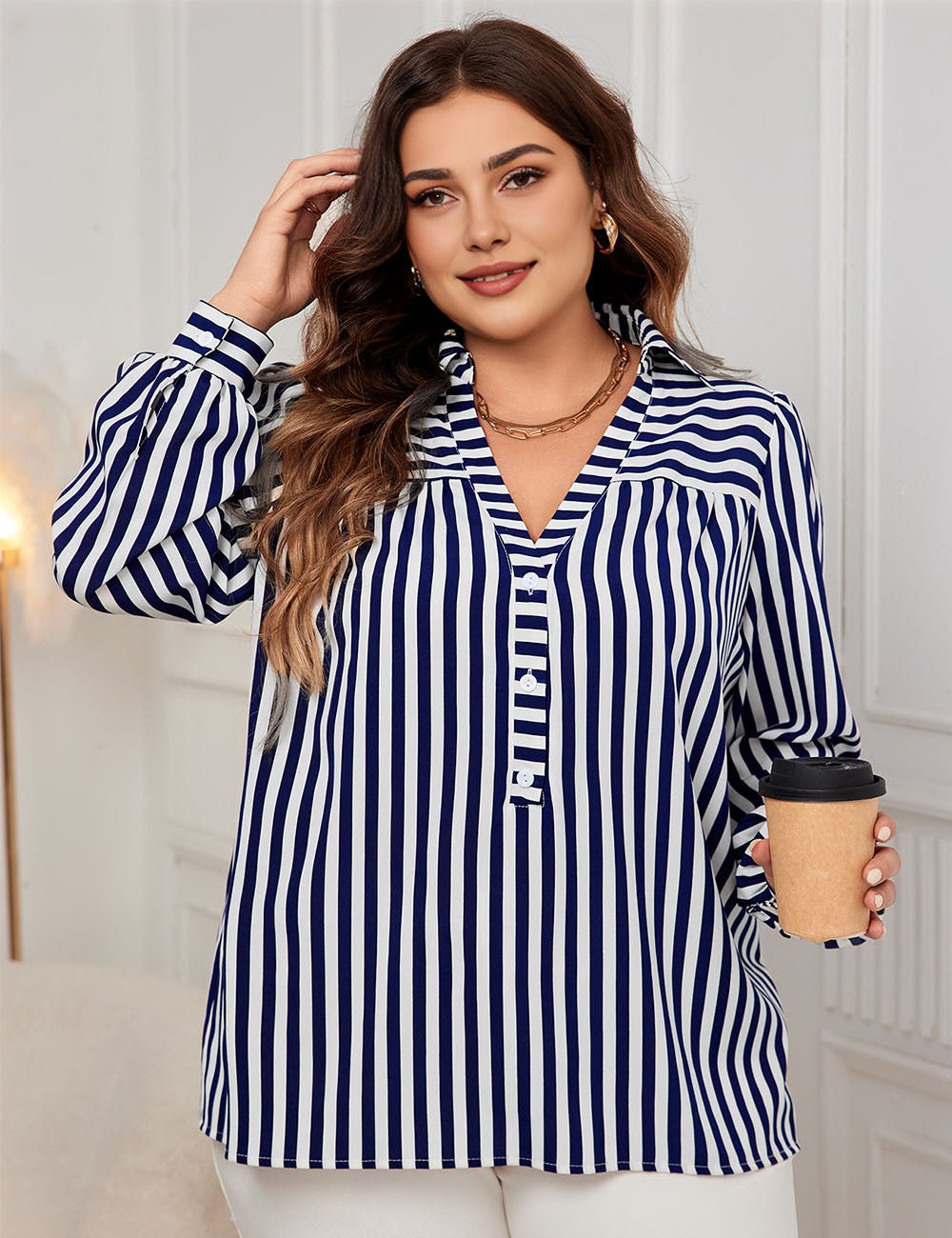 Women Plus Size Blue And White Striped V - Neck Long - Sleeved Shirt | PRUSES - PRUSES