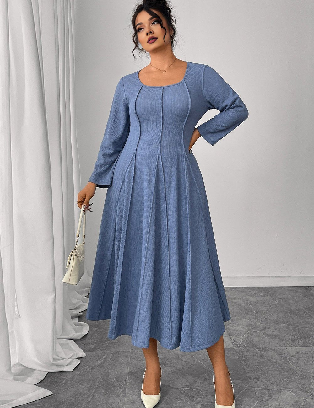 Women Plus Size Blue Pintuck Seam A - Line Dress - PRUSES