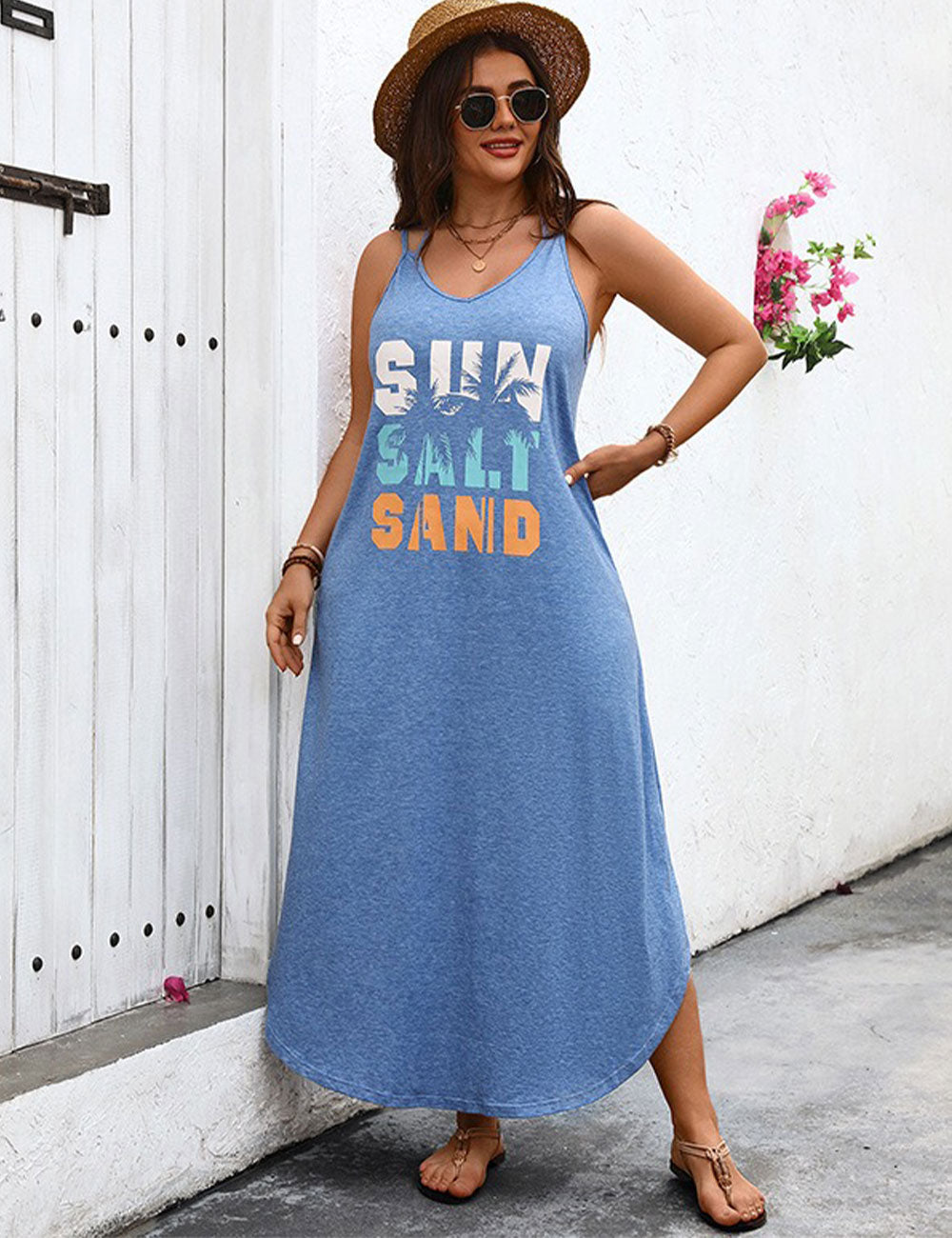 Plus Size Blue V-Neck Sleeveless Ankle Length Dress