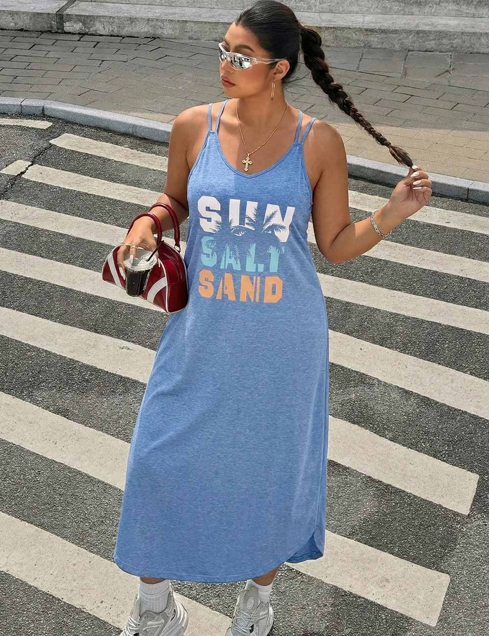 Blue Plus Size V-Neck Sleeveless Loose Ankle Length Dress