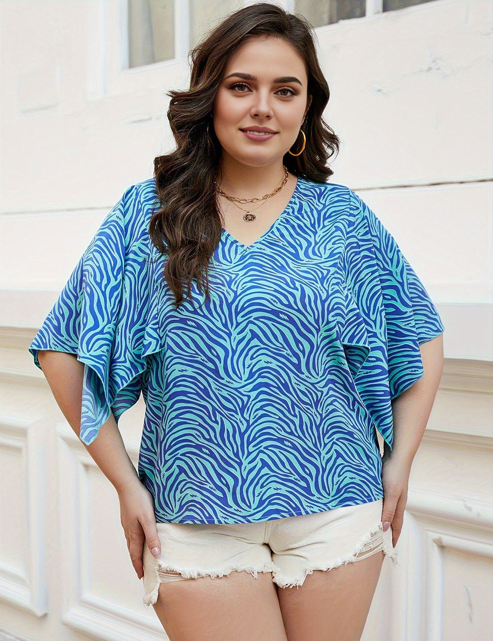 Women Plus Size Blue Wave Print Loose Top | PRUSES - PRUSES