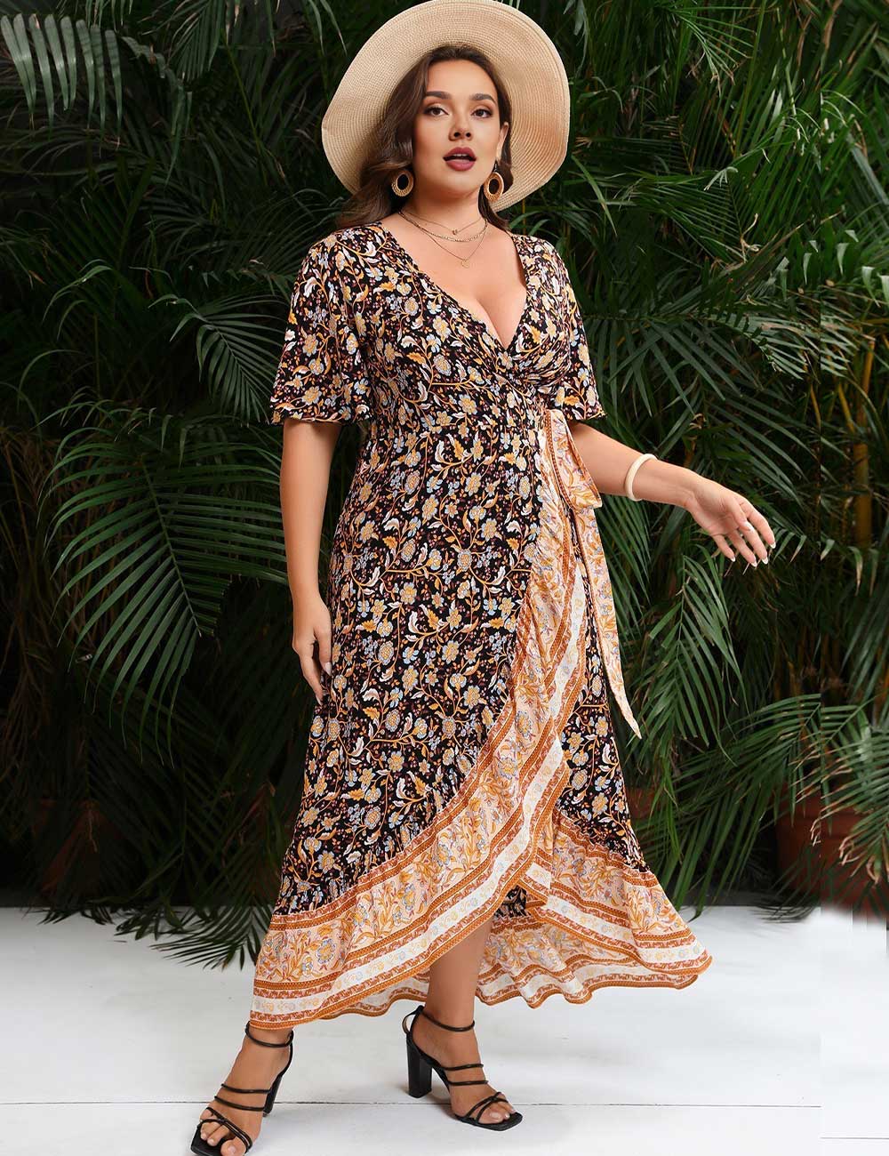 Plus Size Boho Floral V-Neck Short Sleeve Wrap Maxi Dress