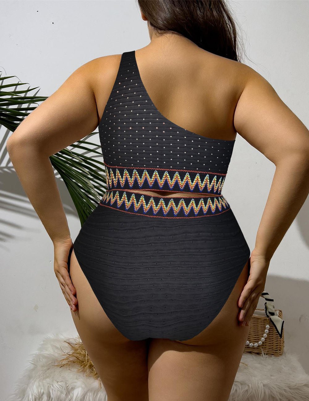 Women Plus Size Boho High Waist One Shoulder Ribbed Bikini - PRUSES