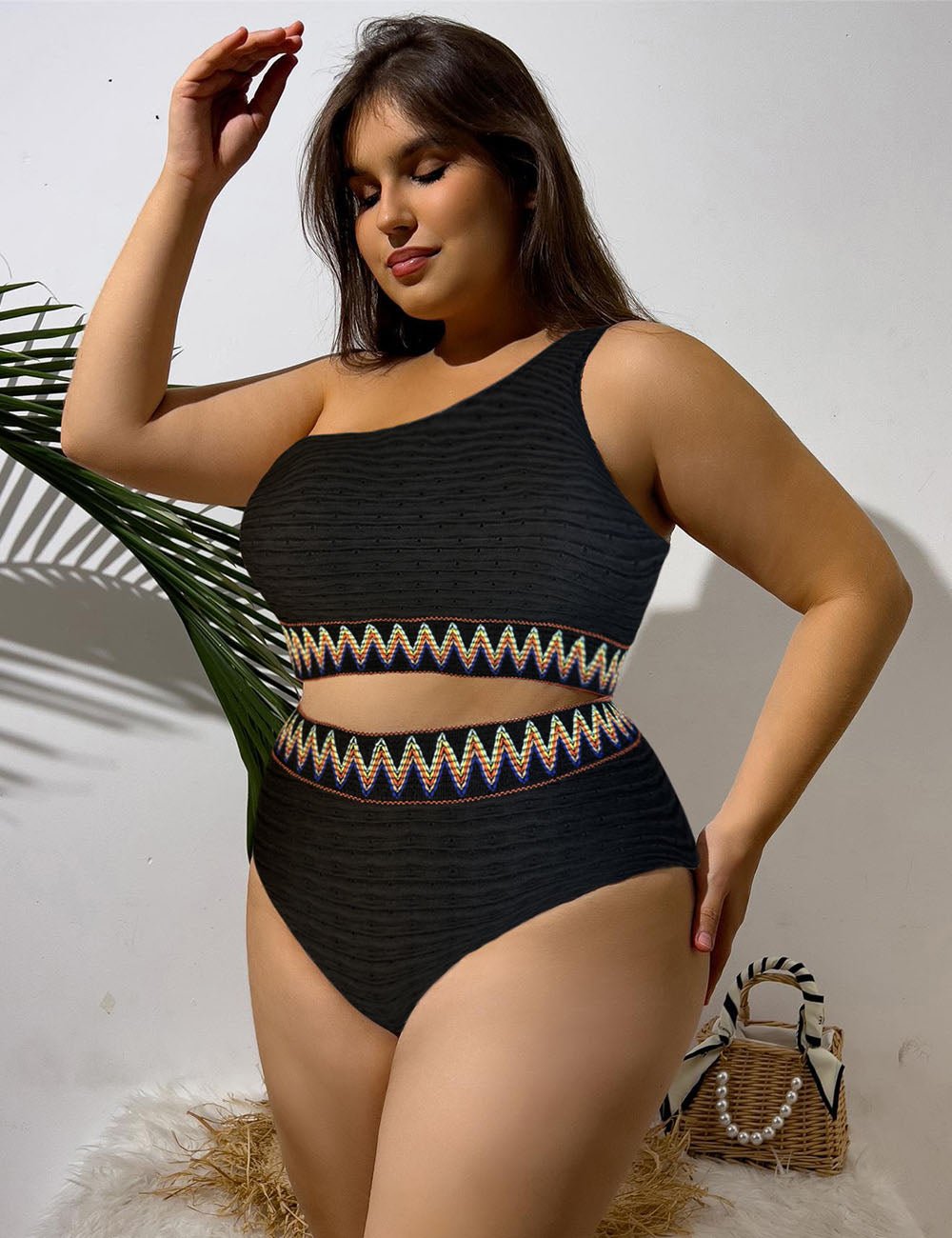 Women Plus Size Boho High Waist One Shoulder Ribbed Bikini - PRUSES