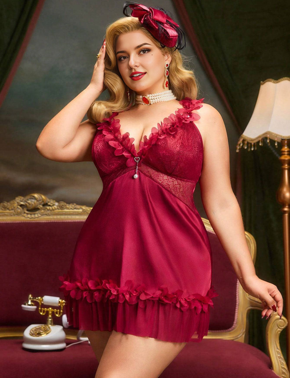 Women's Plus Size Burgundy Ruffle Trim Lace Babydoll