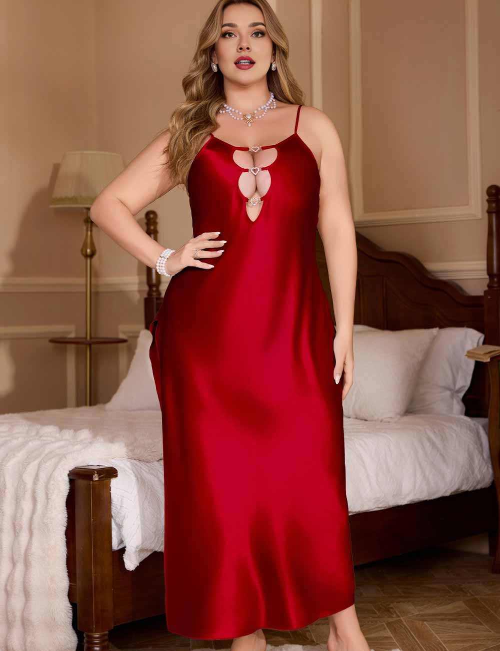 Women Plus Size Burgundy Satin Hollow-Out Nightgown