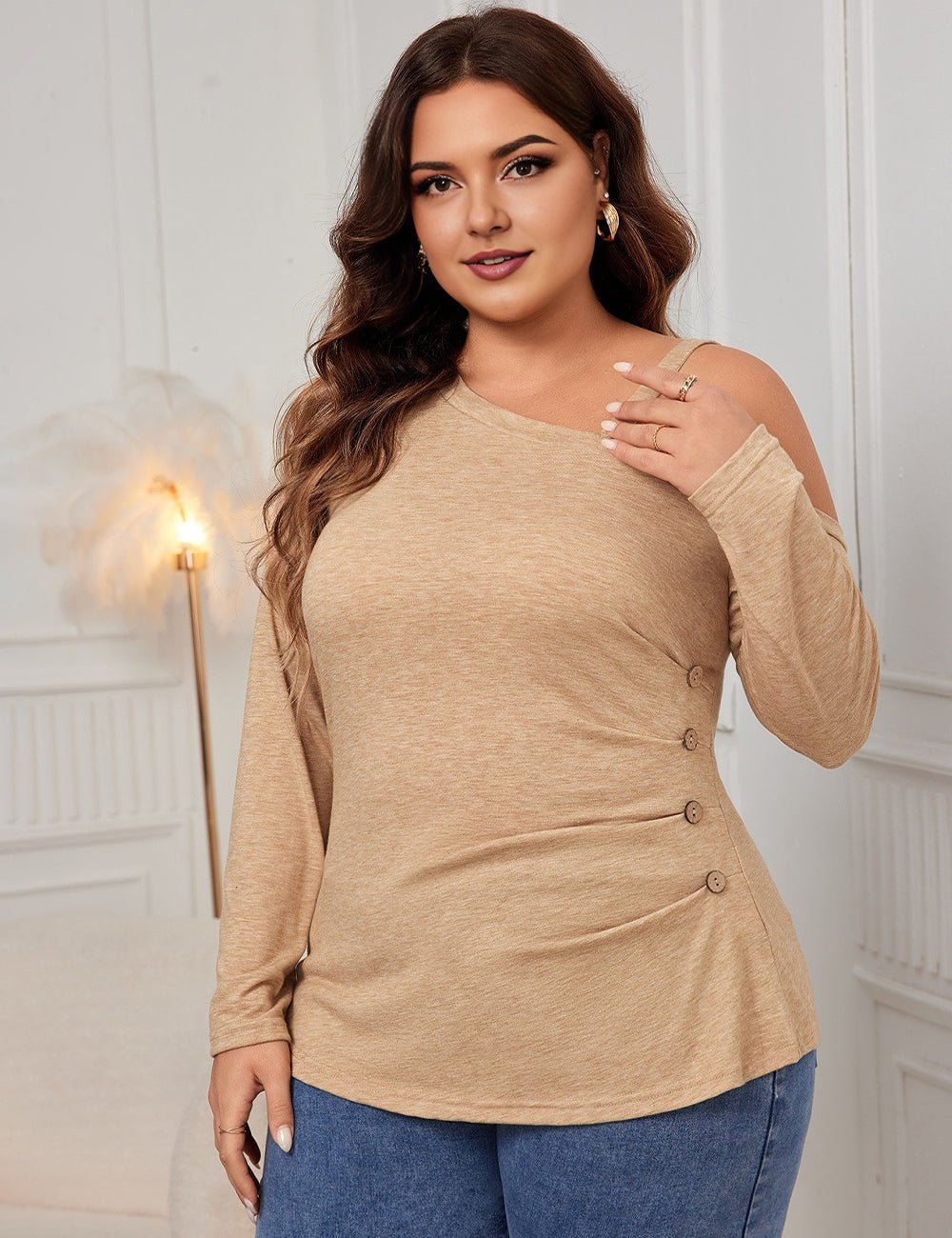 Women Plus Size Casual One Shoulder Long Sleeve Top - PRUSES