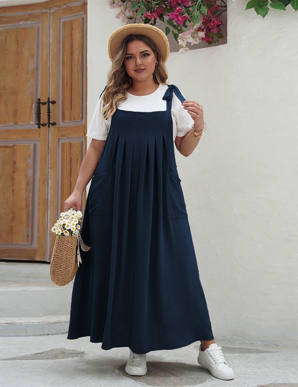 Women Plus Size Casual Solid Color Pleated Long Camisole Dress | PRUSES - PRUSES