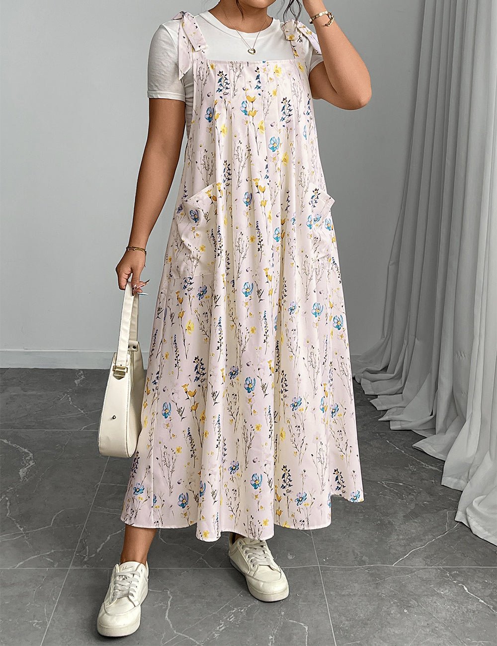 Women Plus Size Casual Solid Color Pleated Long Camisole Dress | PRUSES - PRUSES