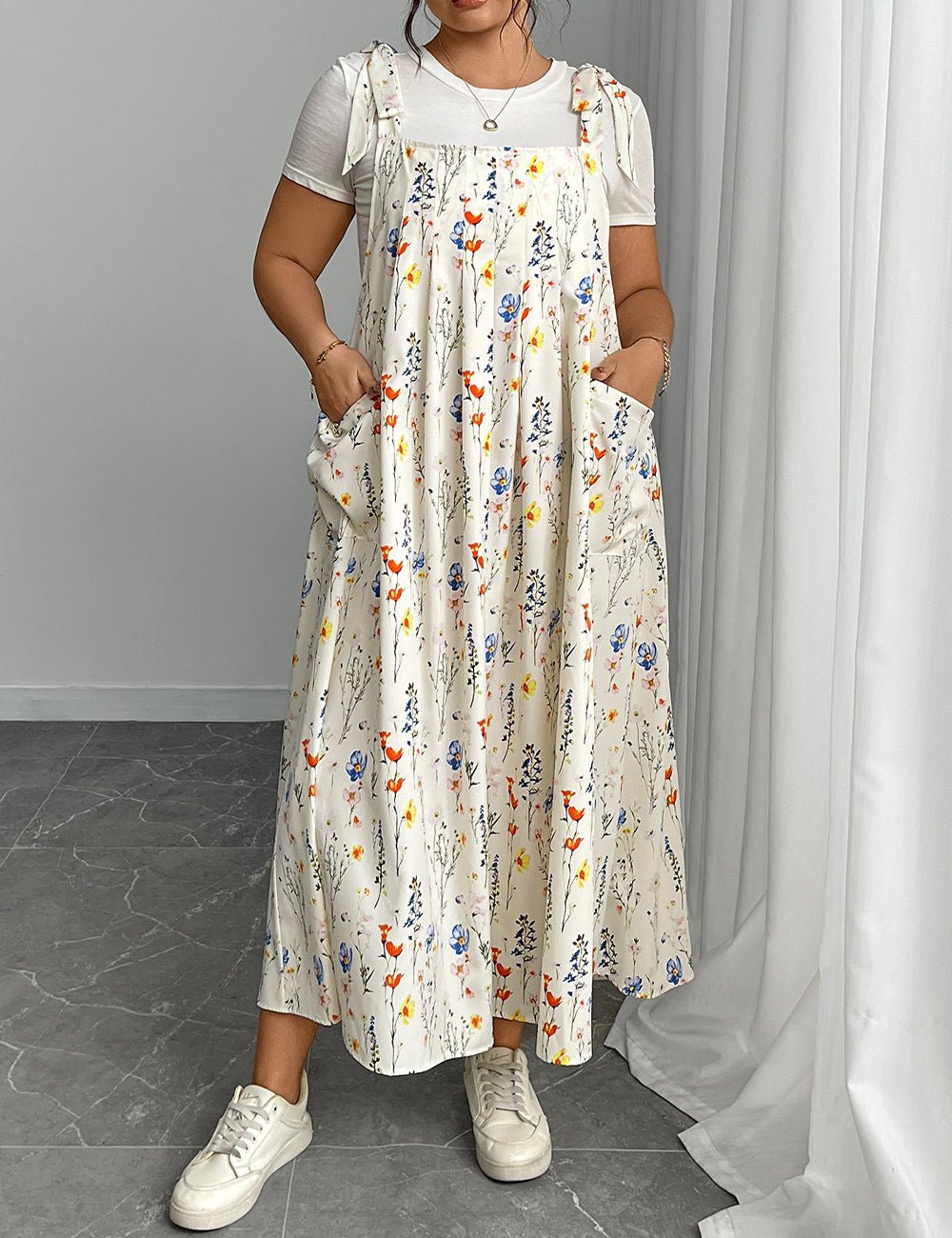 Women Plus Size Casual Solid Color Pleated Long Camisole Dress | PRUSES - PRUSES