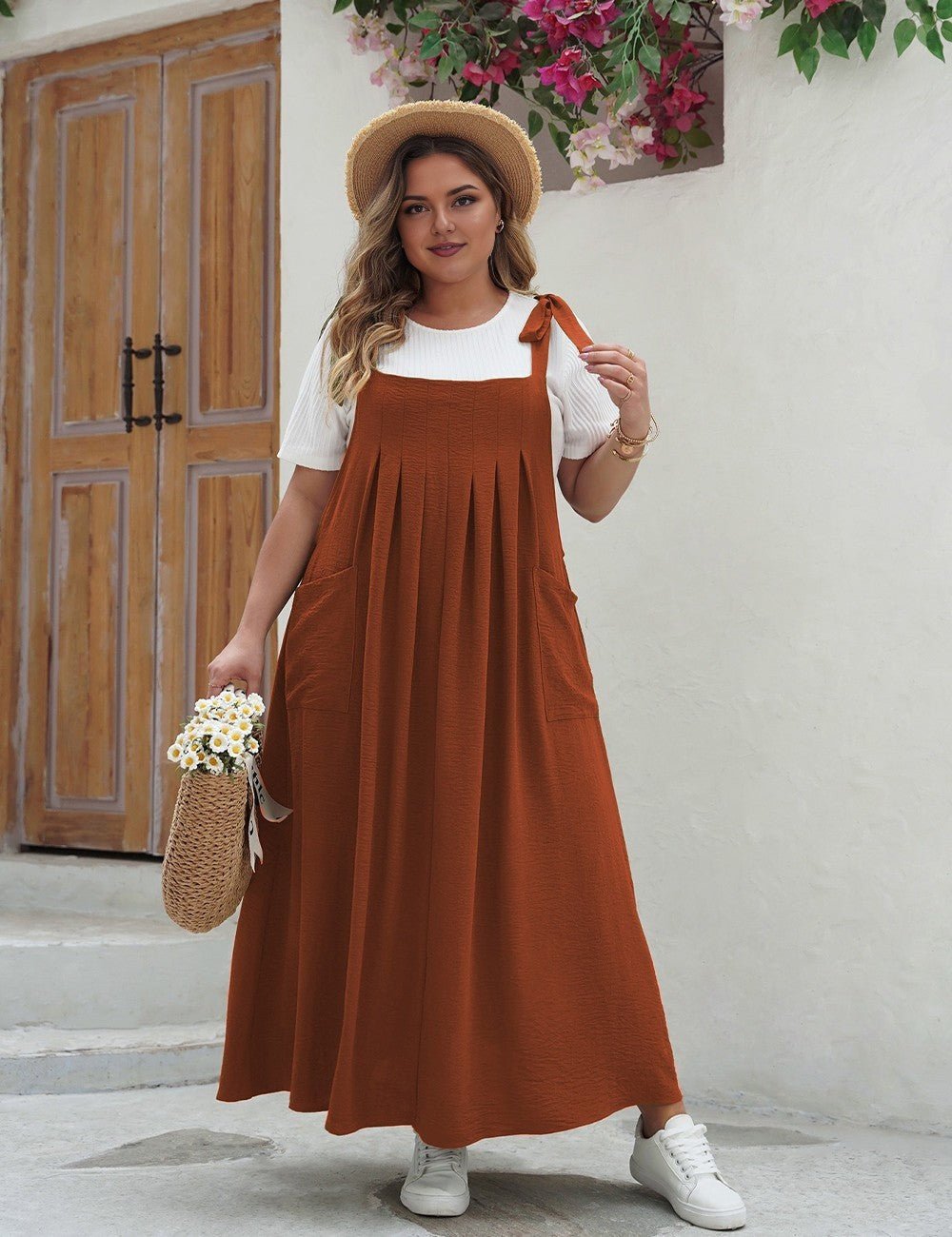 Women Plus Size Casual Solid Color Pleated Long Camisole Dress | PRUSES - PRUSES