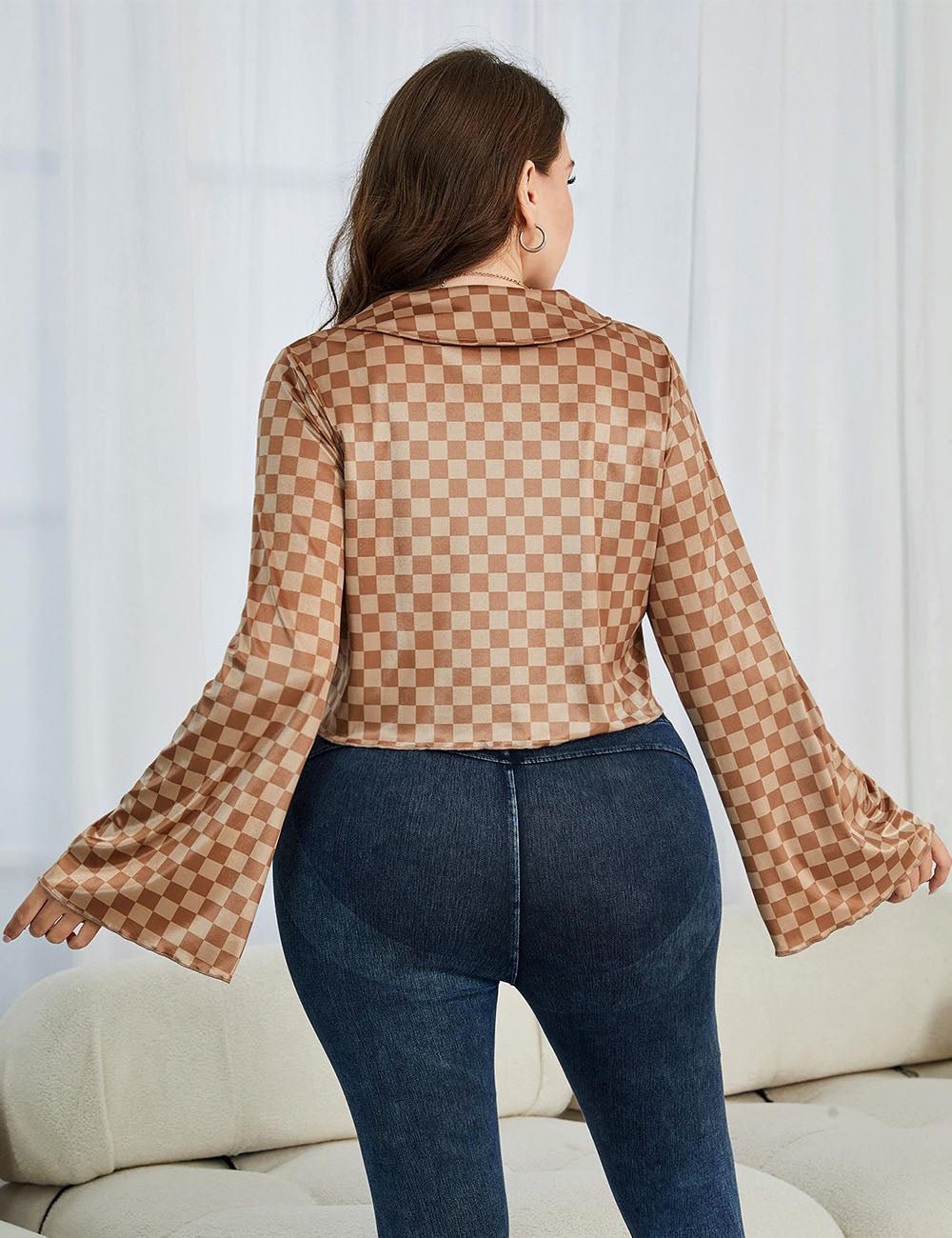 Women Plus Size Checkered Johnny Collar Flare Sleeve Shirt | PRUSES - PRUSES