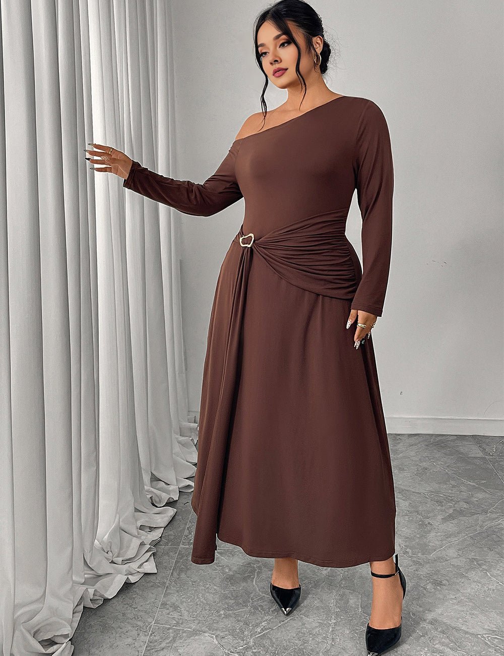 Women Plus Size Chocolate Brown One Shoulder Belted Maxi Dress - PRUSES