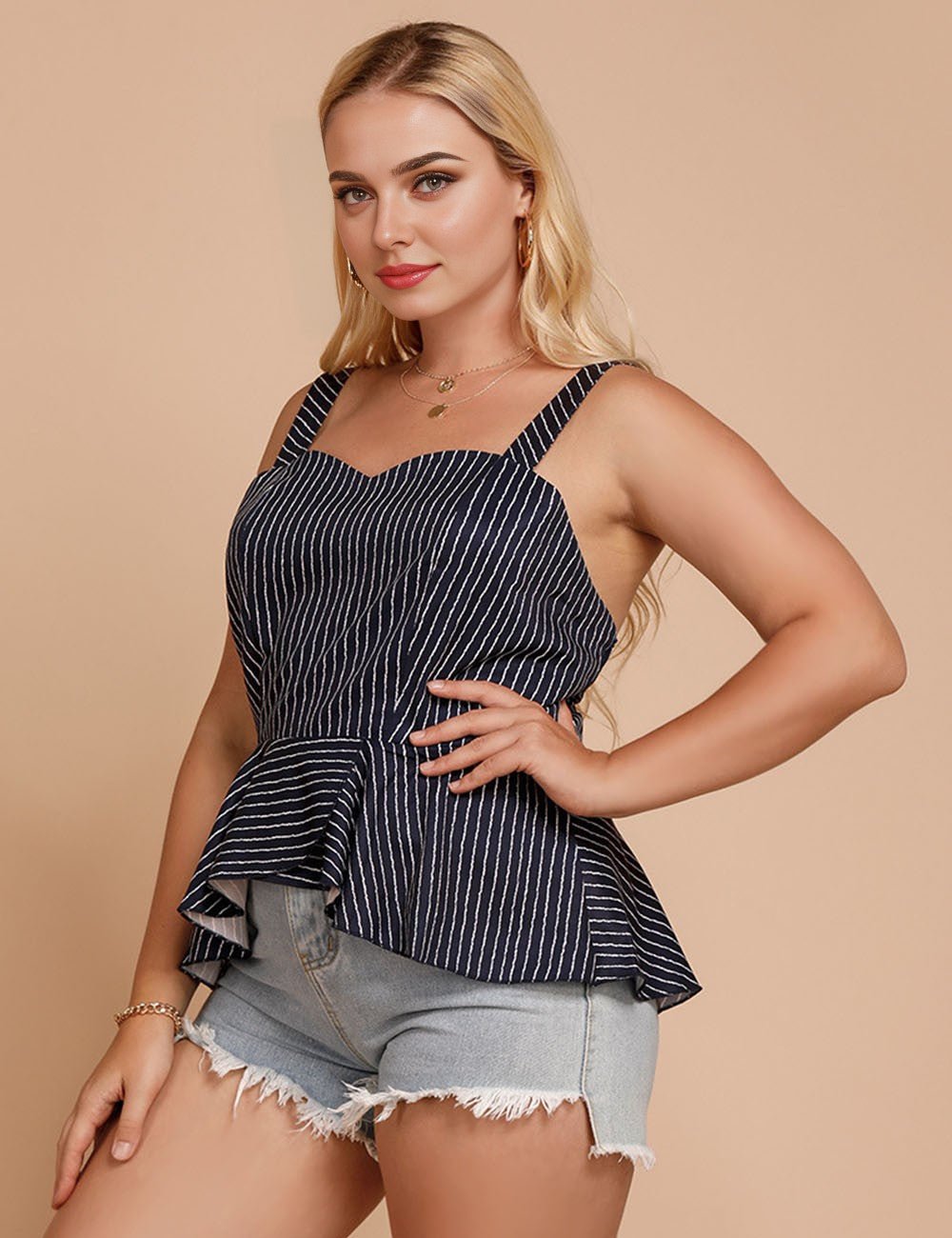 Women Plus Size Clothing Ruffled Striped Wrapped Chest Camisole | PRUSES - PRUSES
