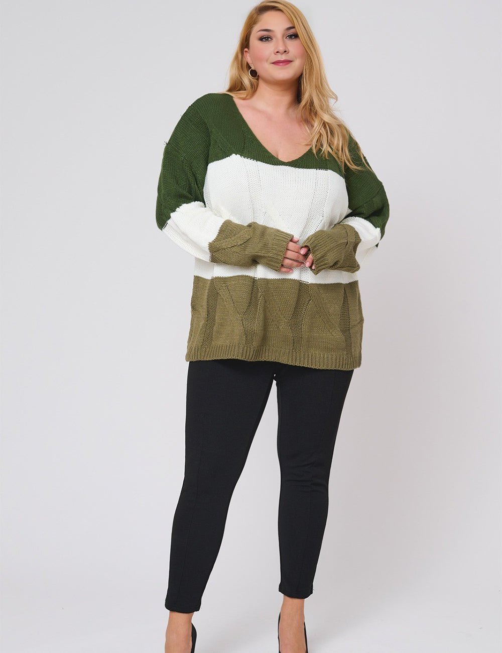 Women Plus Size Color Block Long Sleeve Sweater - PRUSES